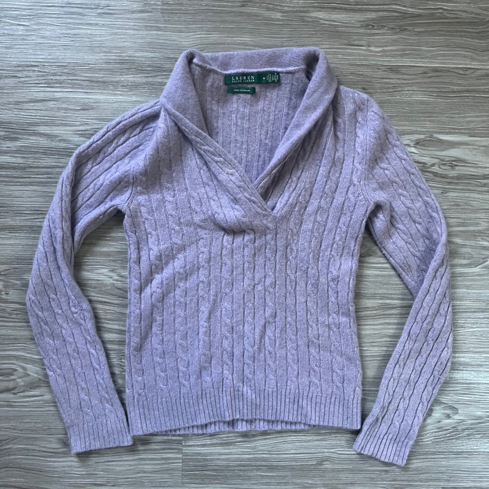 Lauren Ralph Lauren Lavender 100% Cashmere Cable Knit Shawl Collar Sweater M